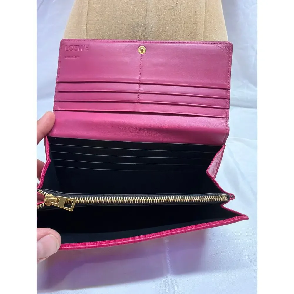 Loewe Magenta Pink Leather Long Flap Wallet Organizer Anagram Logo